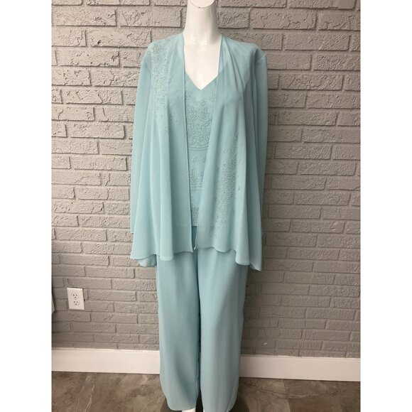 R&M Richards Women Blue Beaded 3 Piece Mother Of The Bride Formal Pant Set Size - Picture 1 of 15